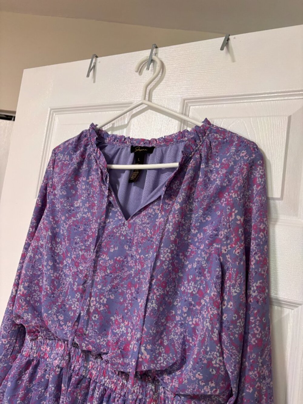 Floral Long Sleeve Ruffle Mini Dress | Lavender Bohemian Dress (Large) - Picture 5 of 10